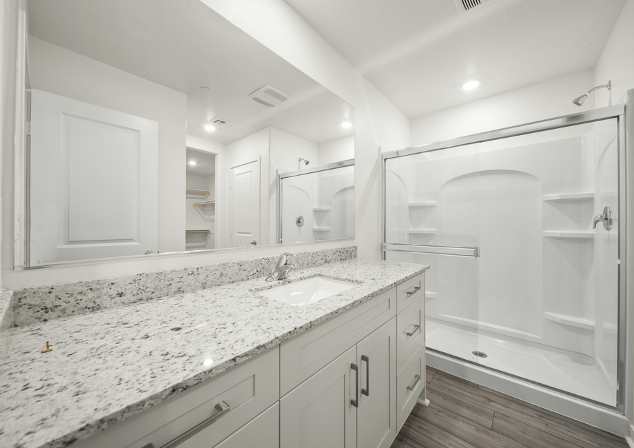 The master bathroom has a step in shower and large vanity.