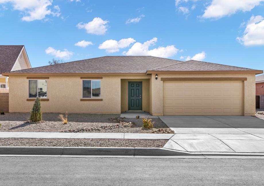 Exterior of the Jemez plan with a two-car garage and professional front yard landscaping.