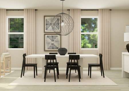 Rendering of a
  dining room furnished with a large white table surrounded by six chairs. 