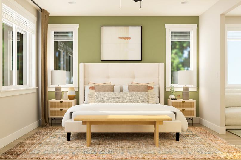 Rendering of bedroom furnished with a
  large king bed and a bench at the end of the bed. This room also has a few
  large windows and two side tables.