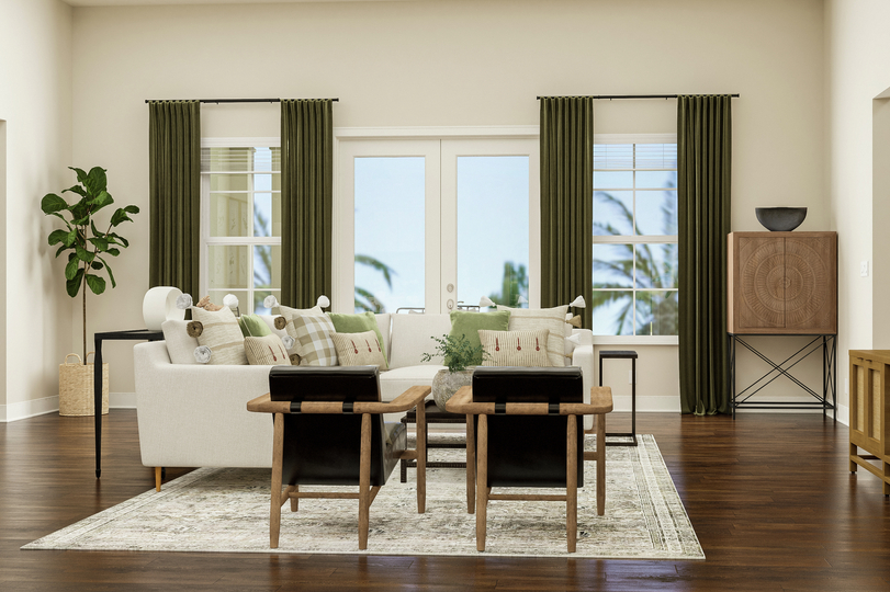 Rendering of living area showing white
  sectional couch, black accent chairs, and media cabinet with tv and dark wood
  look flooring throughout.