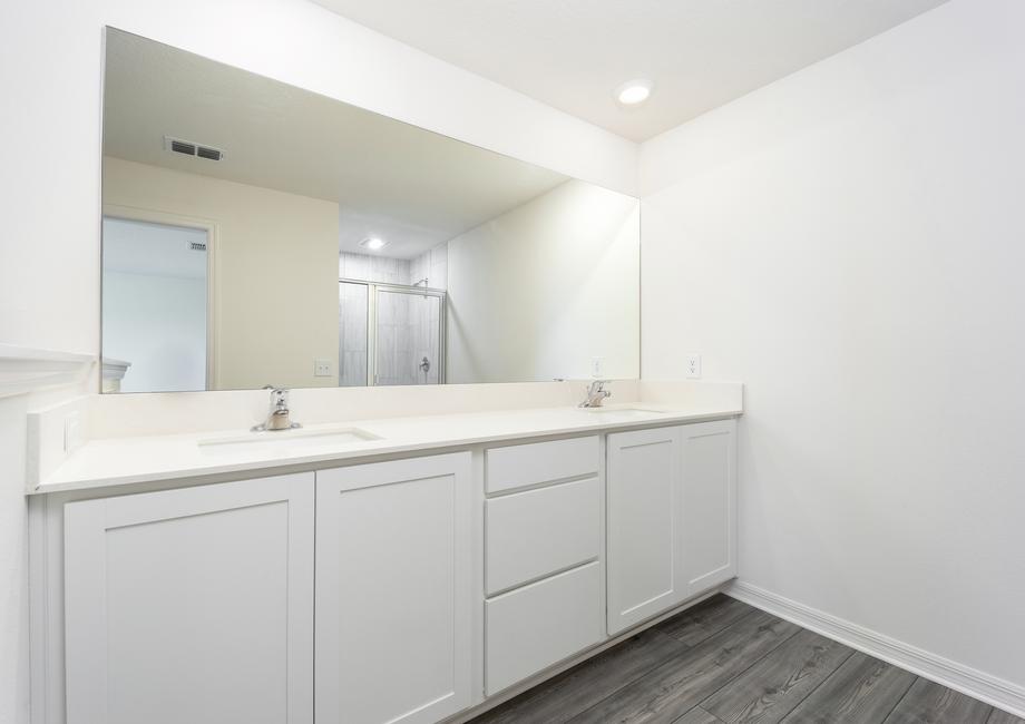 The master bathroom has a large double sink vanity