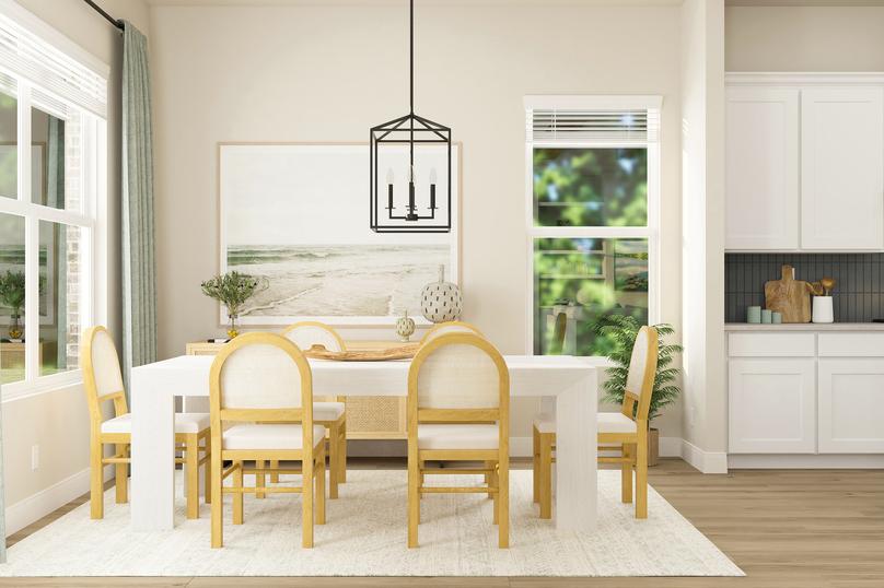 Rendering of the dining room adjacent to
  the kitchen in the Laurel plan. The room has a chandelier, six-person table,
  large windows and wood-look vinyl plank flooring.