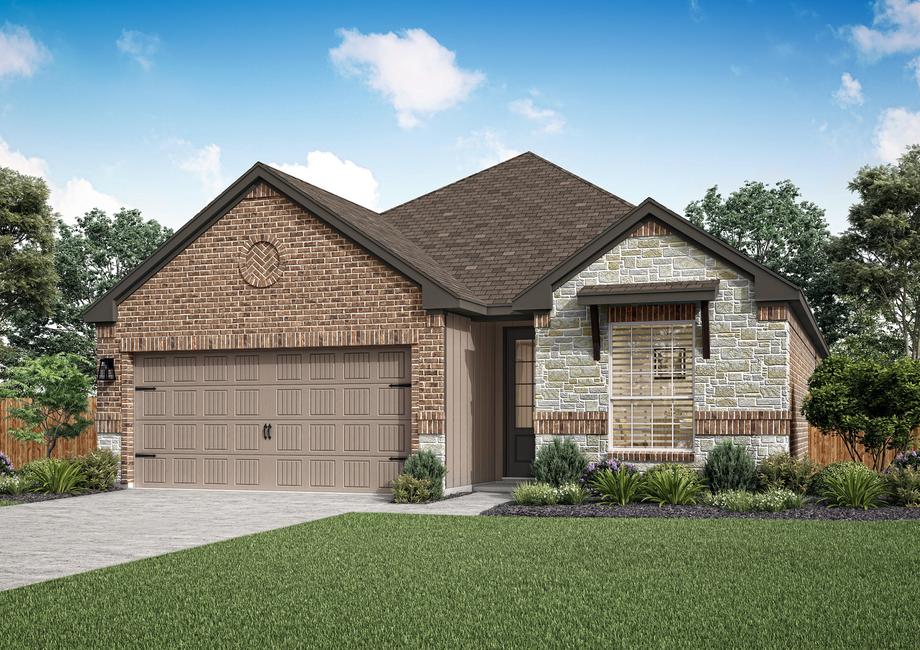 Rendering of the Fannin, showcasing stunning brick and stone, paired with professional landscaping.