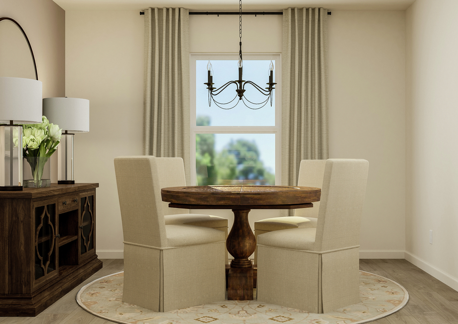 Rendering of the dining area featuring a
  round table and four chairs surrounded by natural décor.