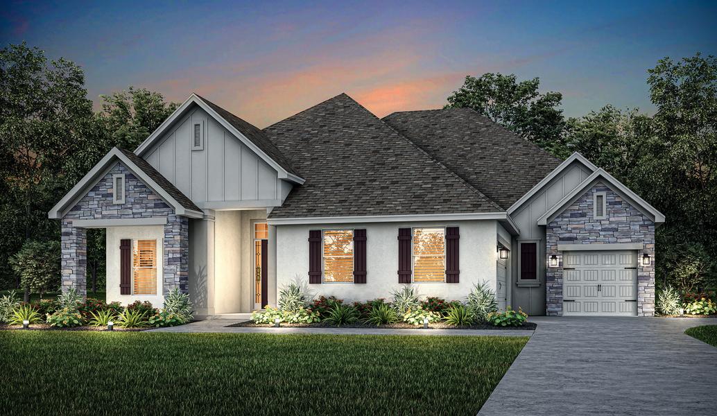 Single-story Waycross elevation rendering at dusk with stucco and stone accents.
