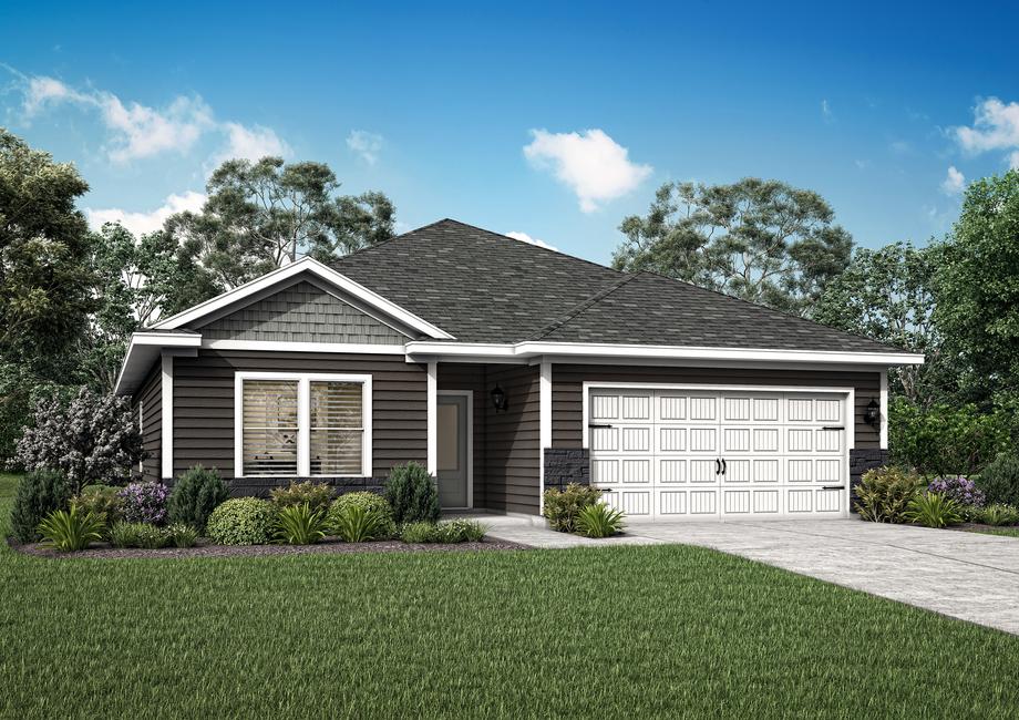 Artist rendering of the one-story Goodhue plan by LGI Homes with taupe and gray siding, white trim and gray stone accents.