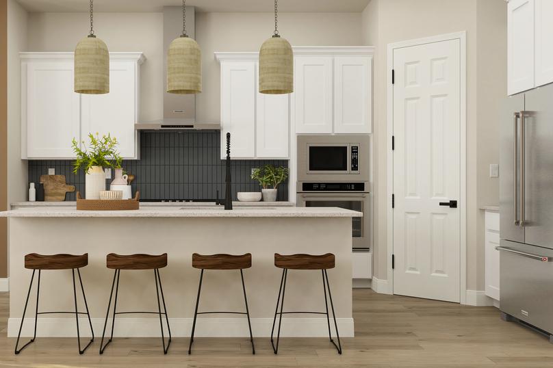 Rendering of the gorgeous kitchen in the
  Iris. The space has a large island with four barstools, white cabinetry,
  stainless steel appliances, tile backsplash and a vent hood.