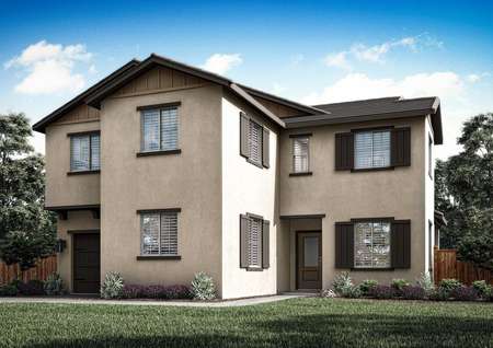 The Cameron is a beautiful two story duet home with stucco and brown accents.