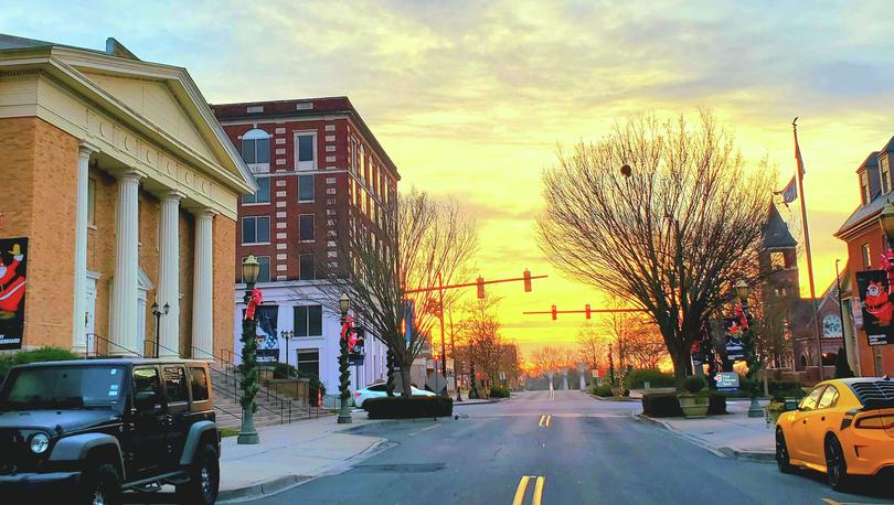 Sunrise over downtown Rock Hill, SC during the Christmas season.