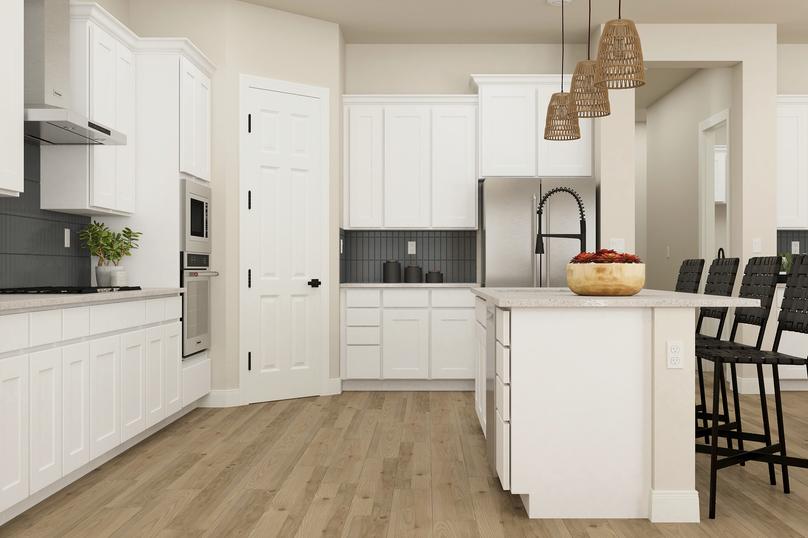 Rendering of the kitchen in the Primrose
  floor plan. The room has white cabinets, wood-look vinyl plank flooring,
  stainless steel appliances and a large island.Â 