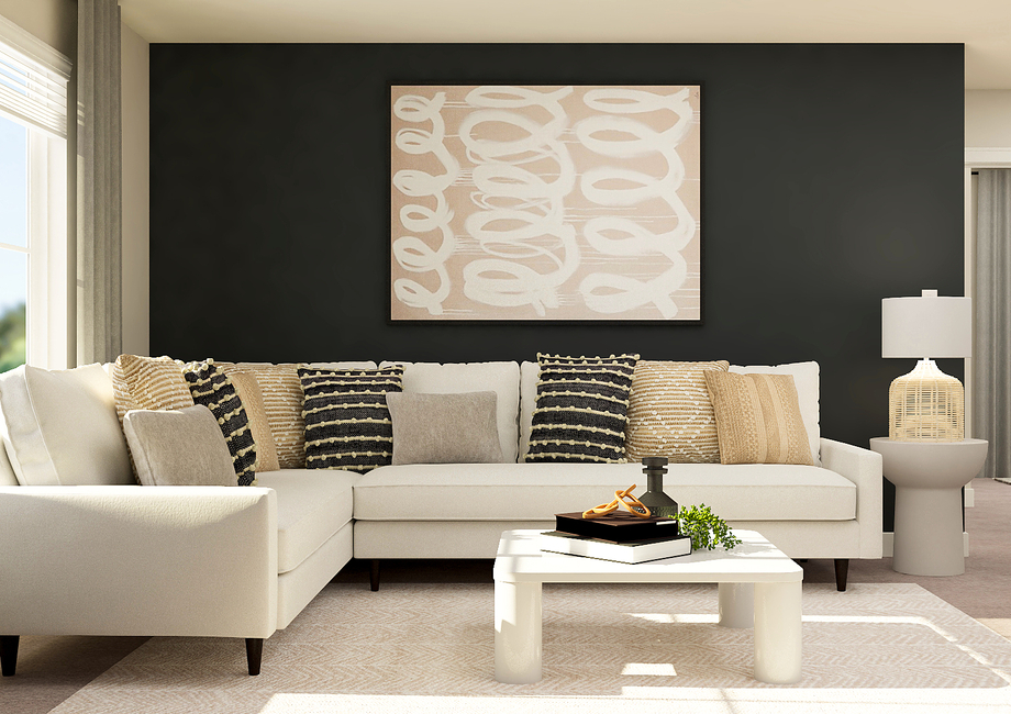 Rendering of loft with a large white
  sectional and a coffee table.