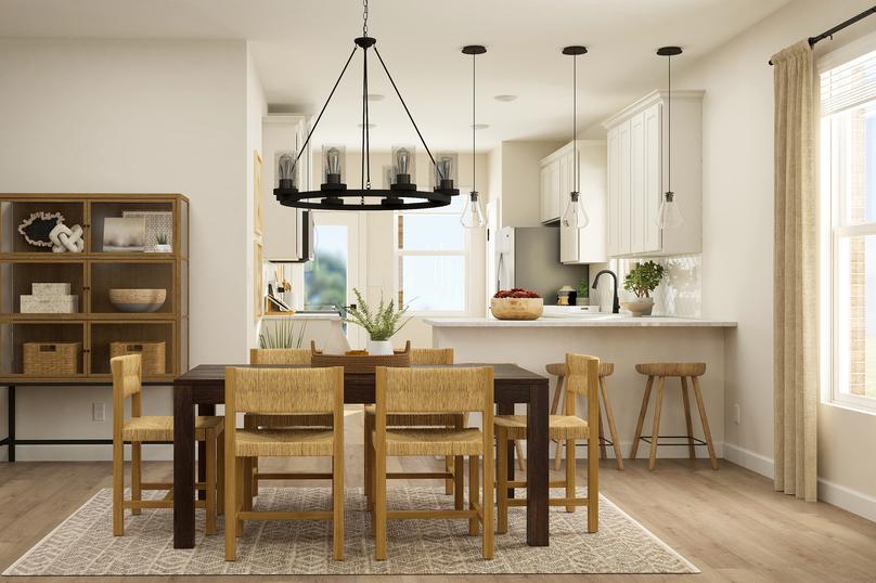 Rendering of the dining room with the
  white kitchen behind it. The dining area has a window, wood-look flooring and
  is furnished with a six-person table and decorative cabinet.