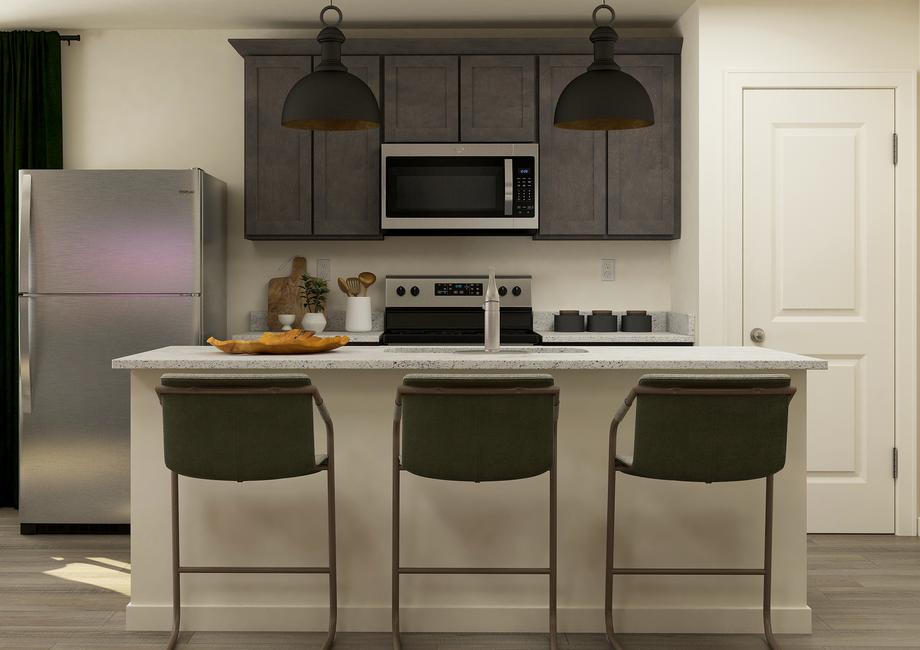 Rendering of a kitchen with dark
  cabinetry and stainless steel appliances.