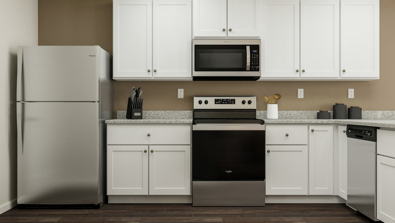 Rendering of the kitchen with vinyl plank
  flooring, white cabinetry and stainless steel appliances.