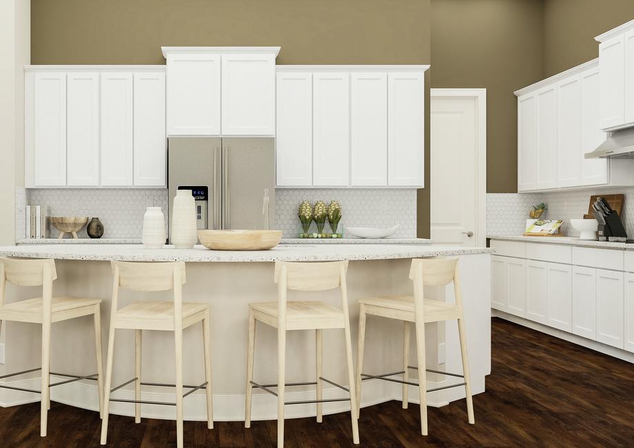 Rendering of spacious kitchen showing
  white cabinetry and large white island with chairs and dÃ©cor with dark wood
  look flooring throughout and a view of the entryway on the left.
