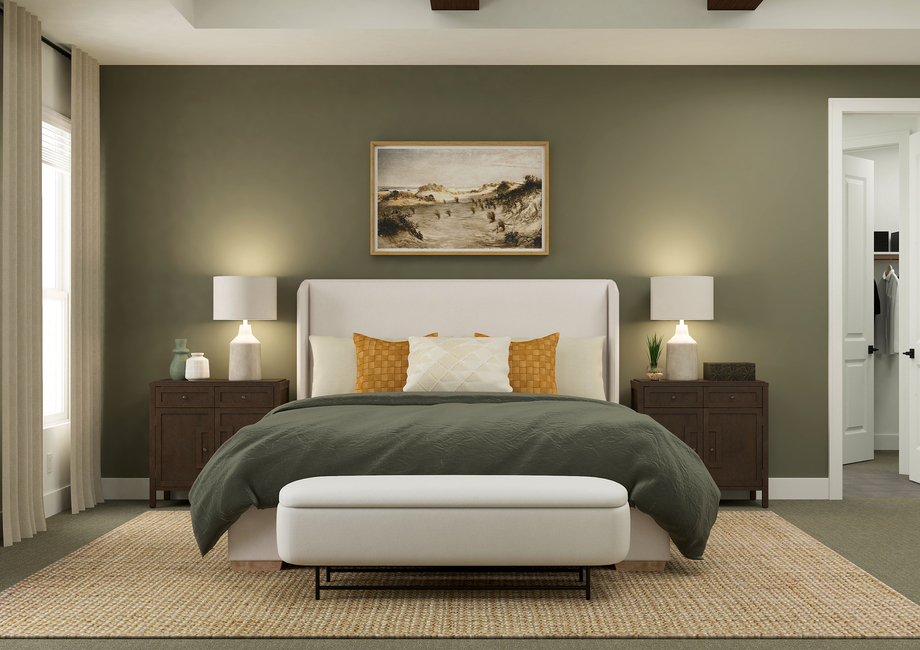 Rendering of a
  master bedroom furnished with a large bed and two side tables. There is also
  a bench at the end of the bed.