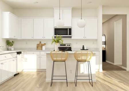 Rendering of a
  kitchen with white cabinetry and stainless-steel appliances. There are also
  two wicker barstools at the counter.