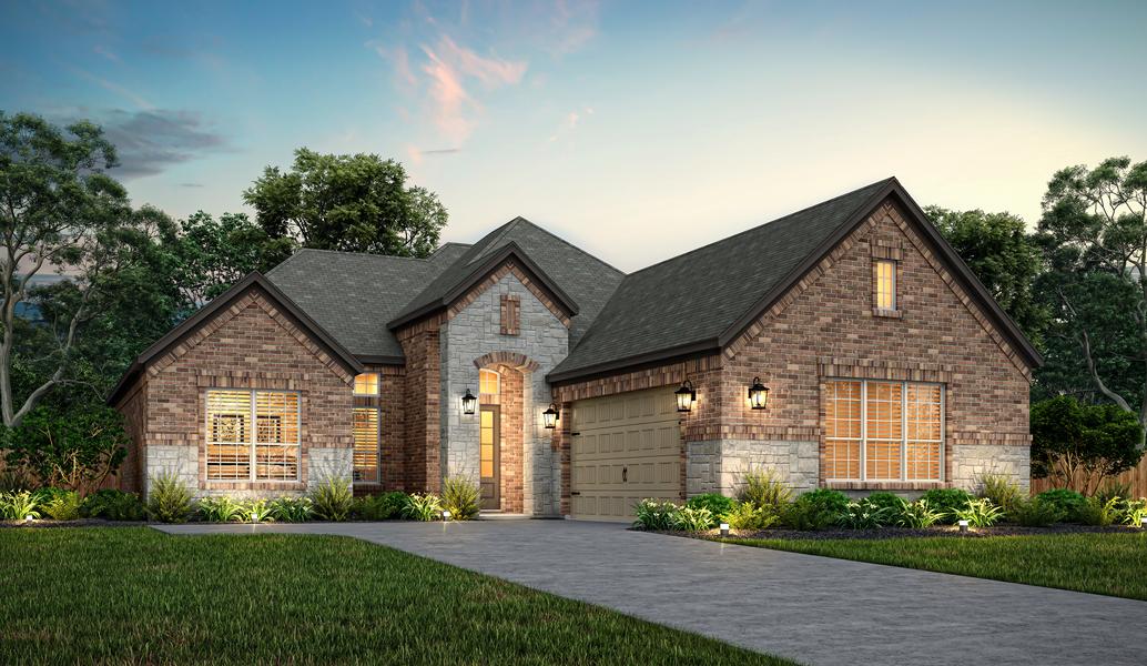 Dusk rendering of the Belzer plan with large windows and professional front yard landscaping.