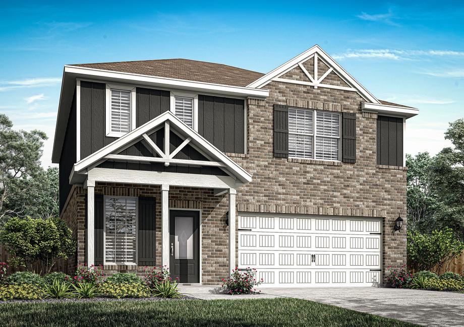 A two-story home with a covered porch and shutters