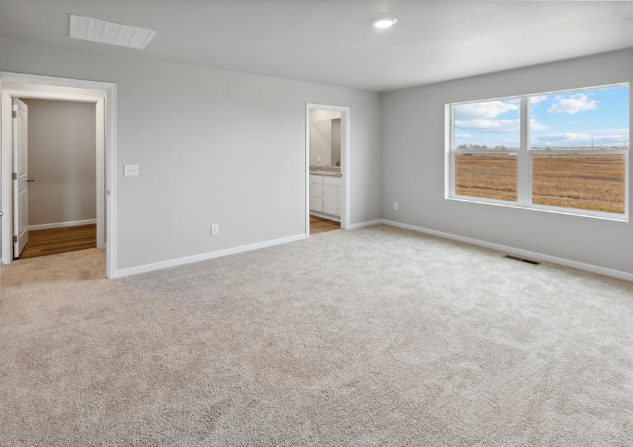 Expansive master bedroom with large windows and attached bathroom.