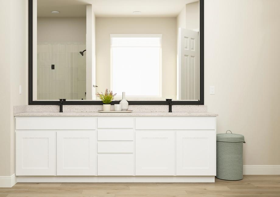 Rendering of the incredibly spacious
  master bath in the Iris floor plan. The double-sink vanity showcases white
  cabinetry and matte black fixtures.
