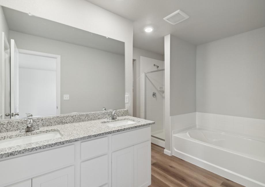 The master bathroom of the Rio Grande has dual sinks and plenty of counterspace.