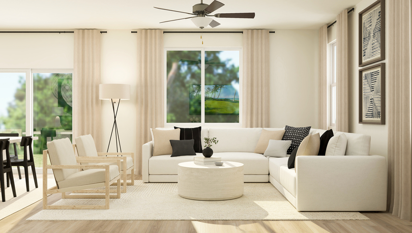 Rendering of a
  living room furnished with a white sectional couch and two light brown
  chairs. 