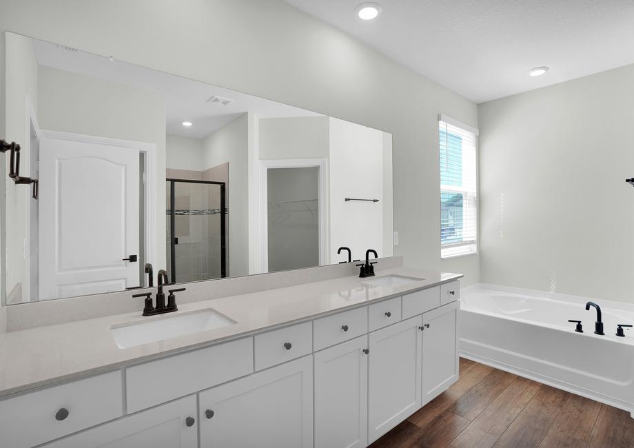 The master bathroom has a large double sink vanity, a tub, a shower, and a walk in closet