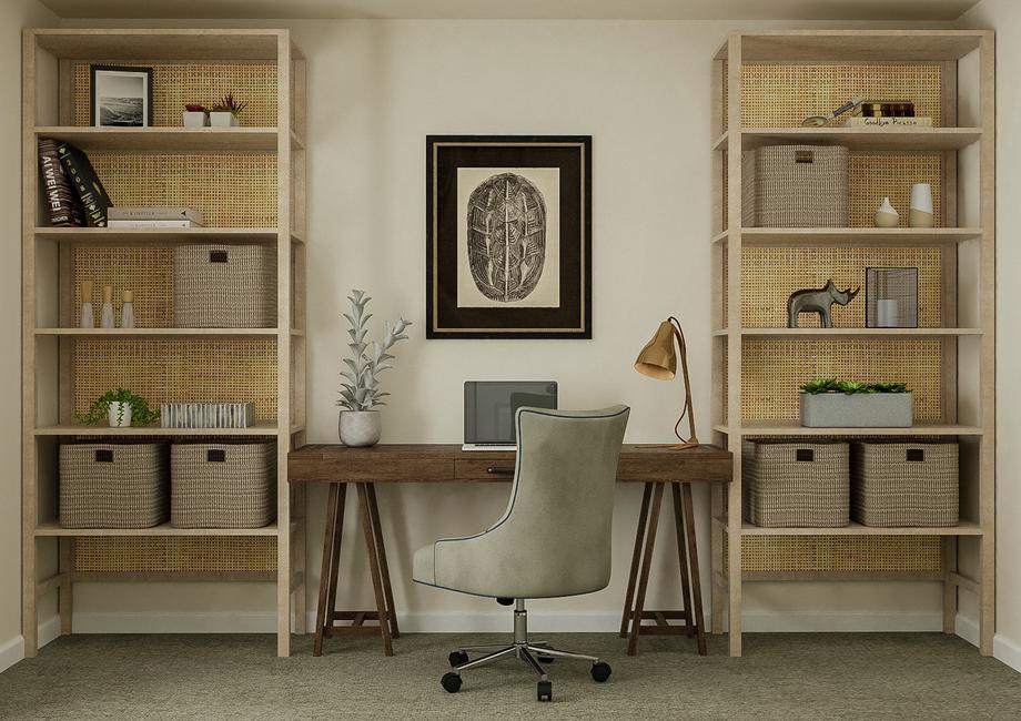 Rendering of an office showing a desk
  centered between two large bookshelves.