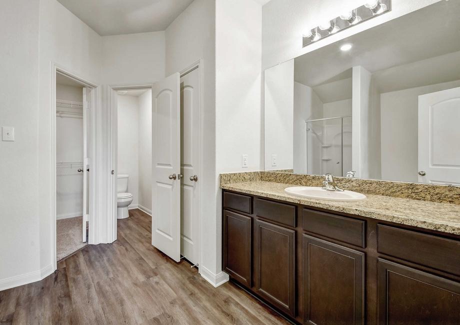 Master bathroom with granite countertops and a walk-in closet.