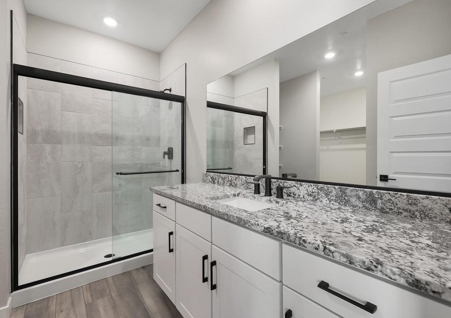 Master bathroom with a large walk-in shower and expansive vanity.