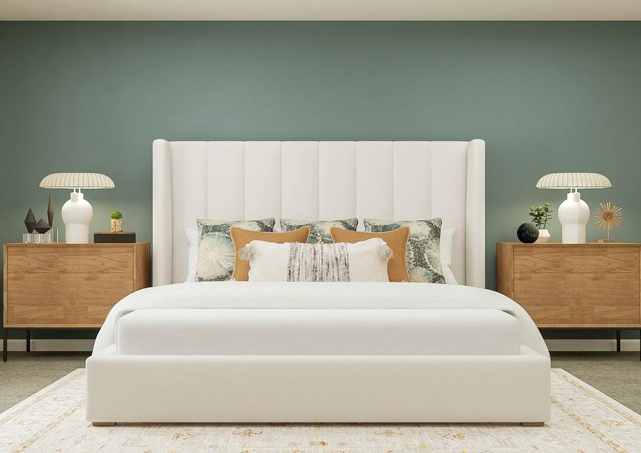 Rendering of the master bedroom in the
  Nicollet. A large bed sits between two wooden nightstands against a wall
  painted blue.Â 