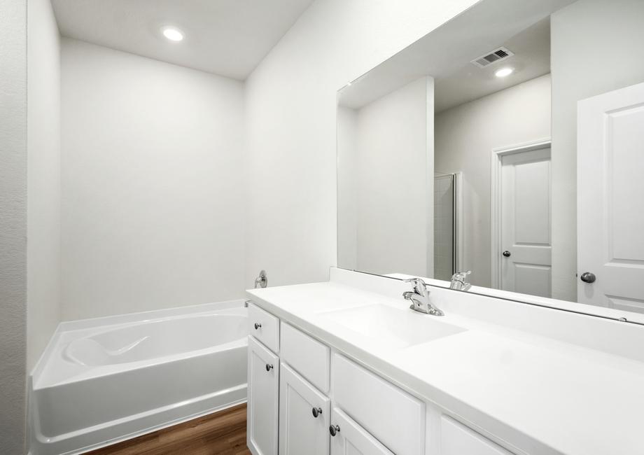 The master bathroom has a step in shower, soaking tub and large vanity. 