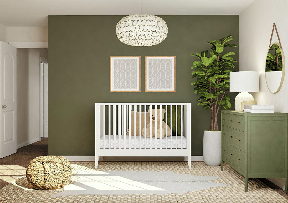 Rendering of a secondary bedroom
  decorated as a nursery with a crib, green dresser and an armchair. The space
  has a green-colored accent wall and carpeted flooring. 
