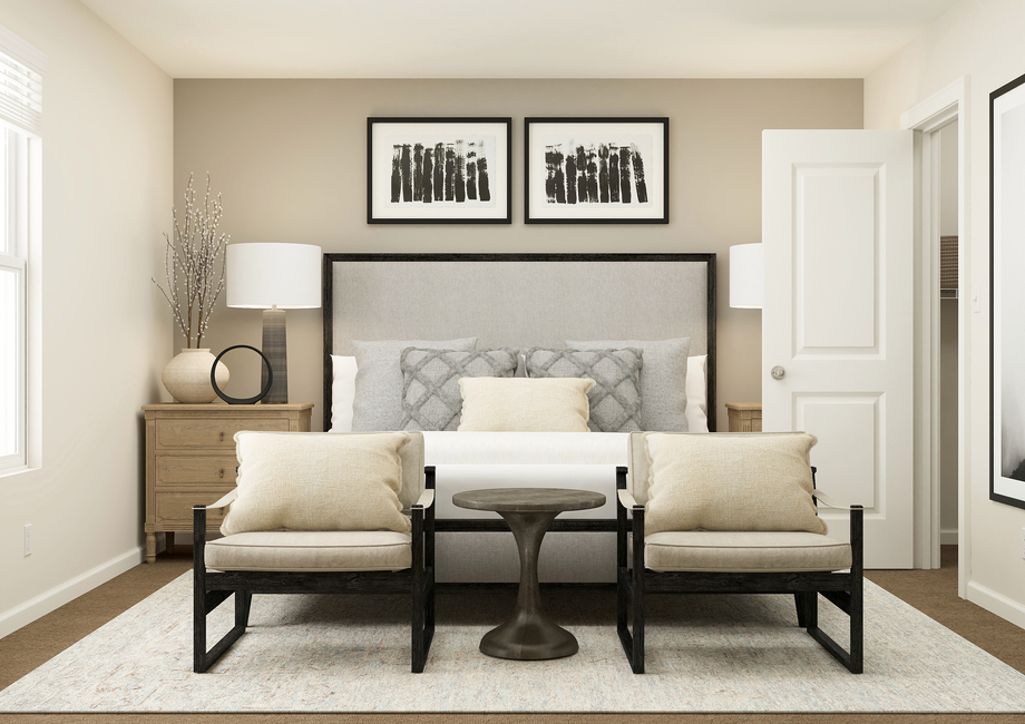 Rendering of the master bedroom with side tables and a bed.