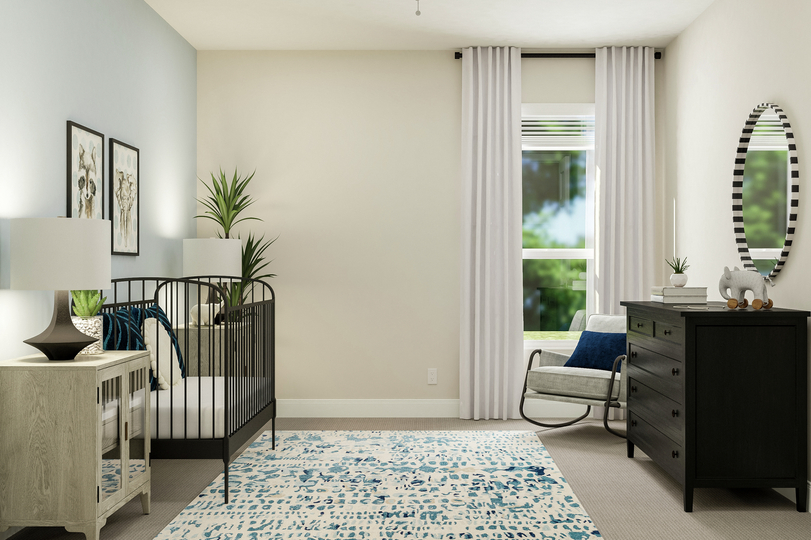 Rendering of the nursery furnished with a
  crib, rocking chair, nightstand and dresser. The room is decorated with an
  accent wall, matching rug,and wall art.