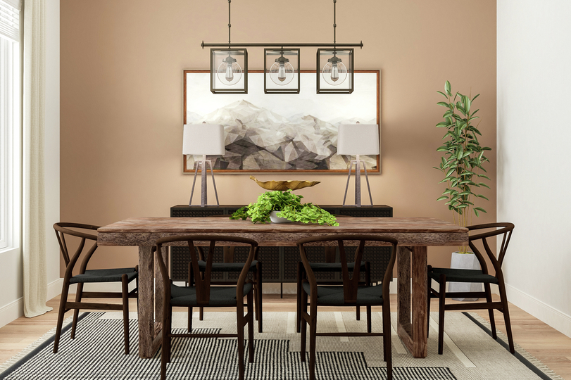 Rendering of the dining room with
  geometric rug in front of accent wall with a centered landscape painting. A
  large wood dining table and six dining chairs provide plenty of space for
  entertaining.